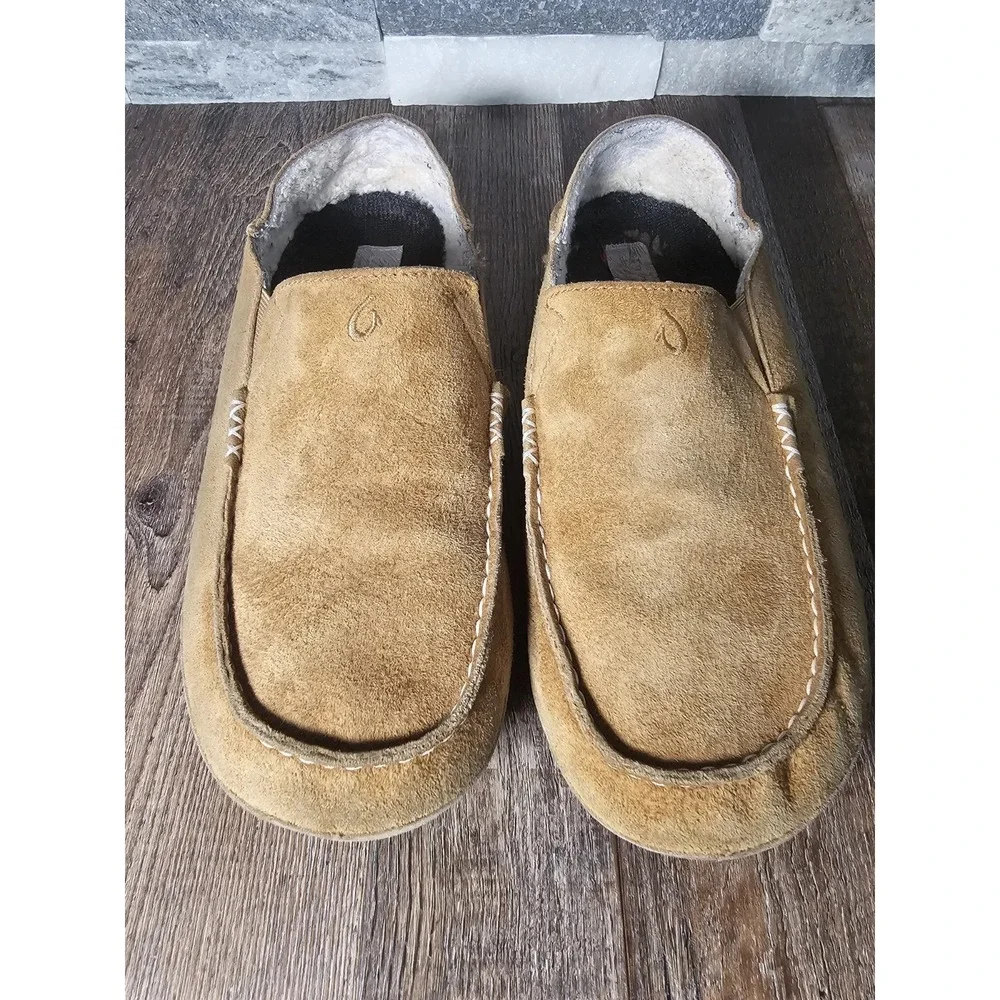 Olukai Men's Moloa Leather Slipper Wool Shearling size  8 Tan great tread rubber